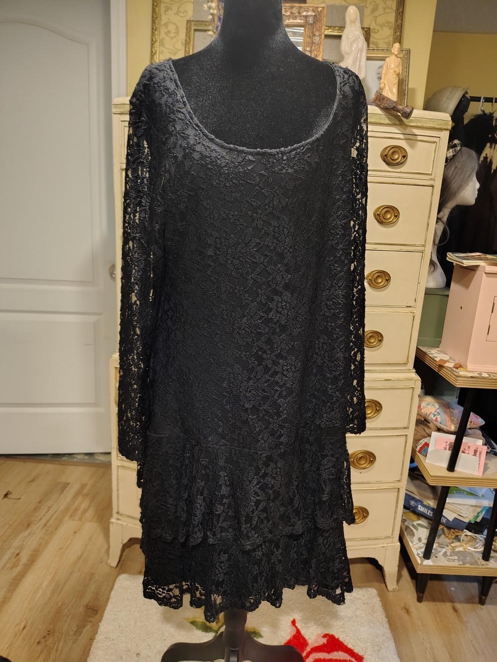 BONGO Black Lace Long Sleeve Tiered Hem Dress 2x